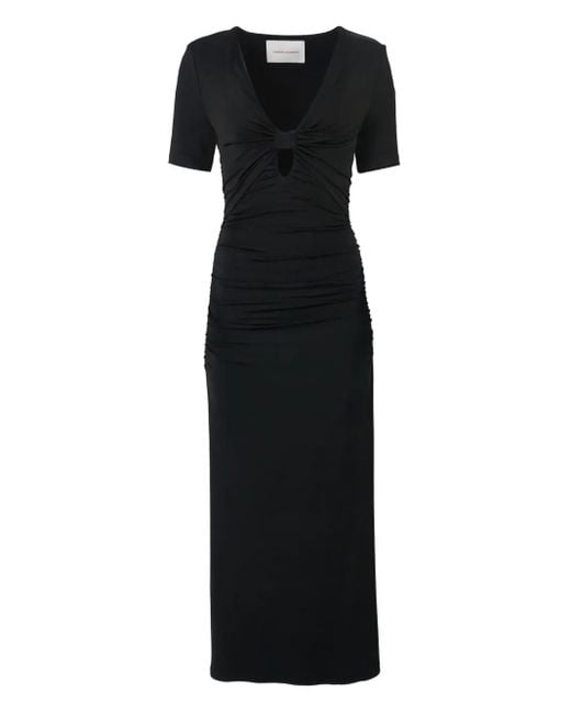 Carolina Herrera Black Ruched Jersey V-Neck Midi Dress