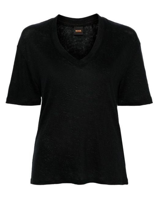 Boss Black Leinen-T-Shirt mit V-Ausschnitt