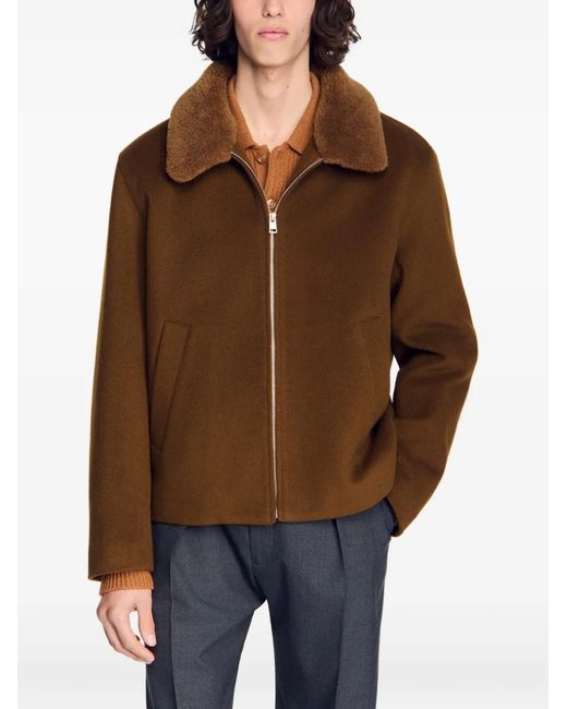 Sandro Brown Shearling-Collar Zip-Up Jacket for men