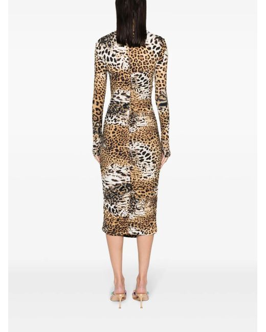 Roberto Cavalli Natural Jaguar Skin-Print Ruched Dress
