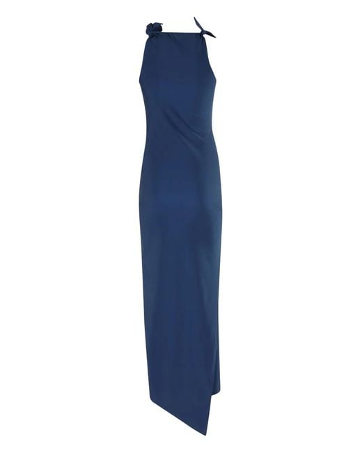Coperni Blue Rose-Embellished Asymmetrical Maxi Dress