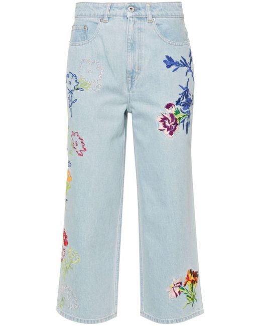KENZO Blue Drawn Flowers Mid-rise Wide-leg Jeans