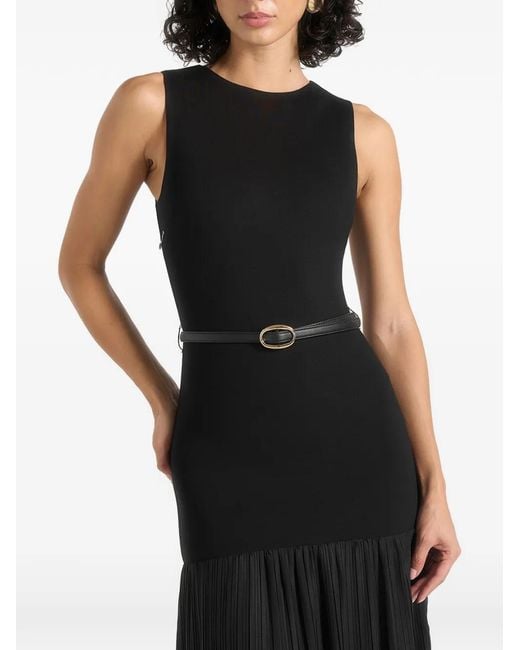 Manière De Voir Black Emma Crew-Neck Crepe Belted Pleated Maxi Dress