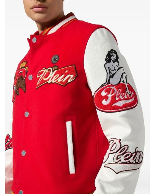 Philipp Plein Red Patch Varsity Bomber Jacket for men