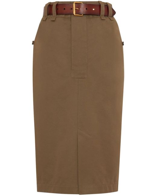 Saint Laurent Green Belted Cotton Pencil Skirt
