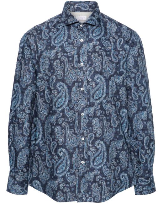 Brunello Cucinelli Blue Paisley-print Cotton Shirt for men