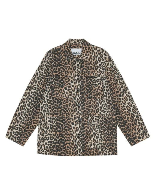 Ganni Gray Leopard-print Canvas Shirt Jacket
