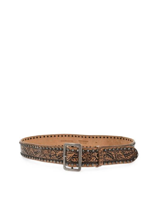 DSquared² Brown Floral-Pattern Studded Belt