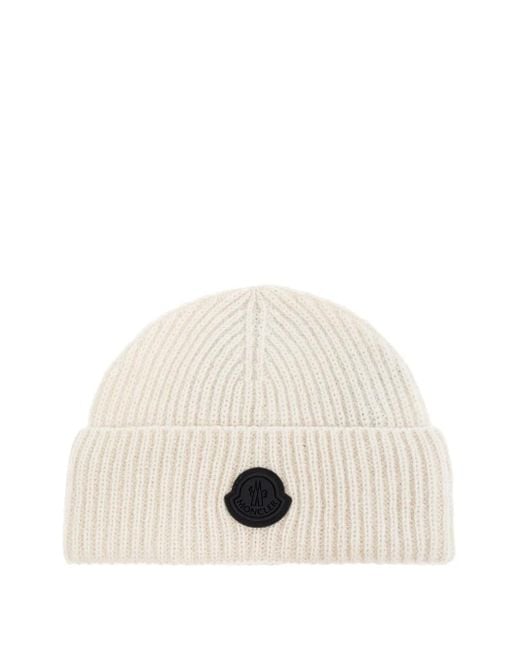 Moncler Natural Gerippte Beanie Mit Logo-Patch