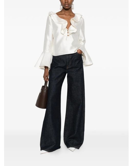Self-Portrait White Taffeta Ruffled Blouse