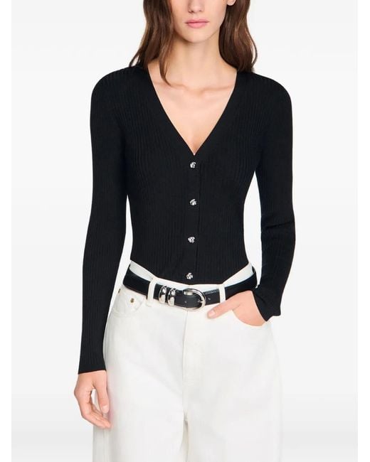 Sandro Black Ribbed Button Cardigan