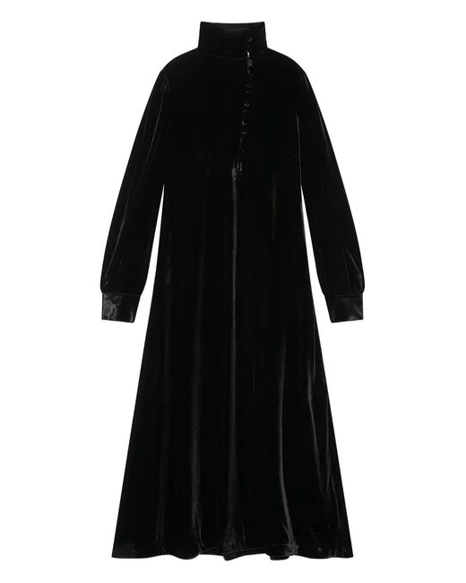 Maliparmi Black High-Neck Button-Front Velvet Maxi Dress