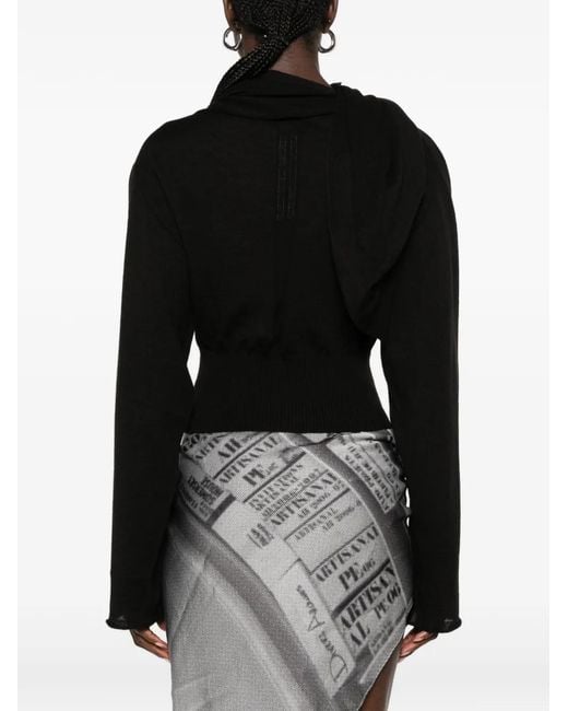 Rick Owens Black Cropped Long-Sleeved Top With Scarf-Inspired Neckline