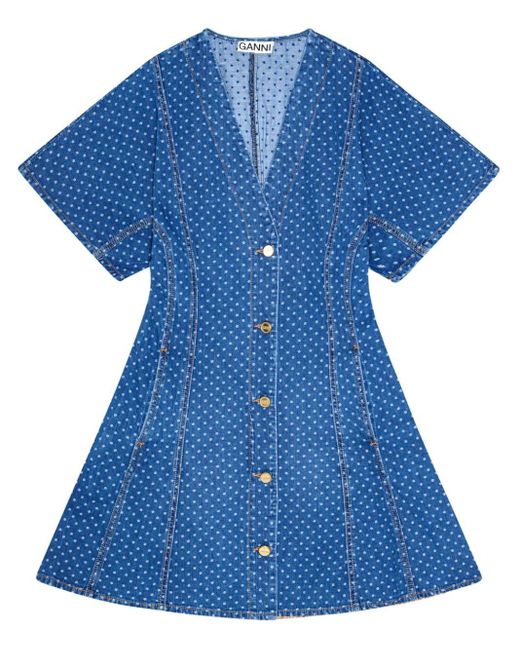 Ganni Blue Polka-dot Print Denim Dress