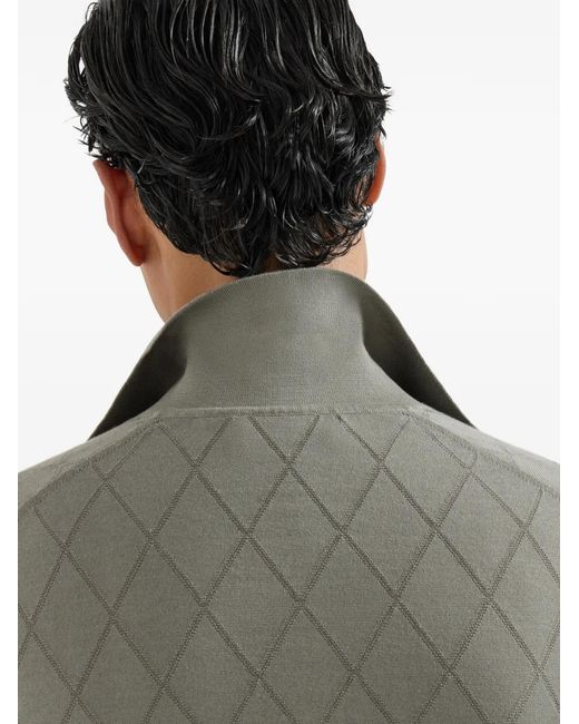 Brunello Cucinelli Gray Cotton Textured Argyle Lightweight Knit Polo Shirt for men