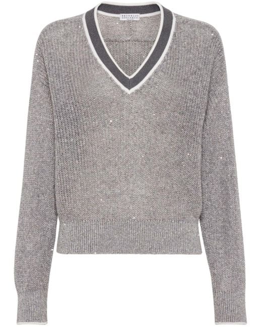 Brunello Cucinelli Gray V-necked Sweater