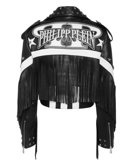 Philipp Plein Black Moon Biker Leather With Fringes Jacket