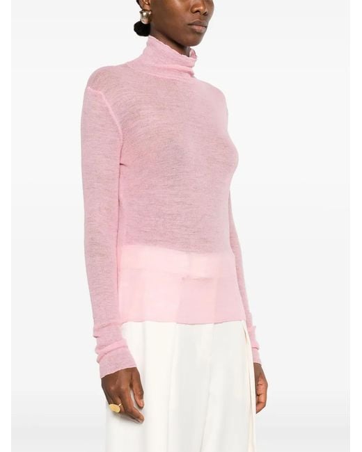 Jil Sander Pink Semi-Sheer Logo-Patch Jumper