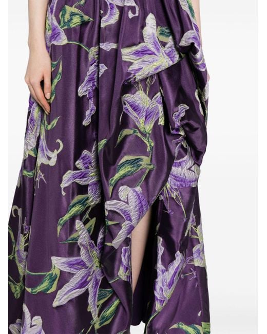 Robe longue drapée à encolure carrée Marchesa en coloris Purple