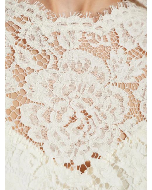 Dolce & Gabbana White Langärmeliges Stretch-Spitzenkleid Mit Logo