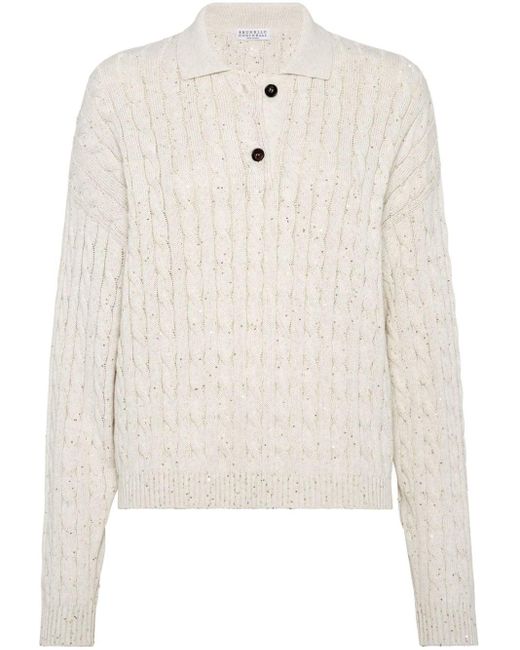 Brunello Cucinelli White Sequin-embellished Cable-knit Jumper