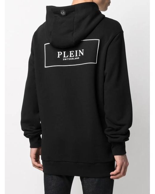 Philipp Plein Black Outline Skull Hooded Longline Sweatshirt for men