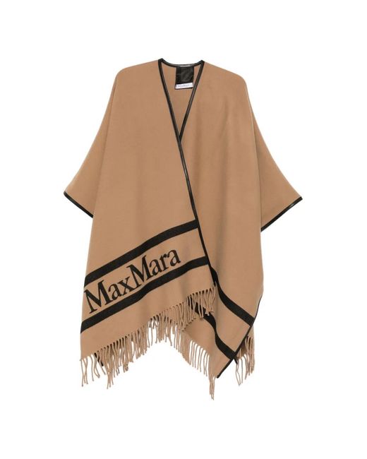 Max Mara Natural Fringed Logo-Lettering Wool Scarf