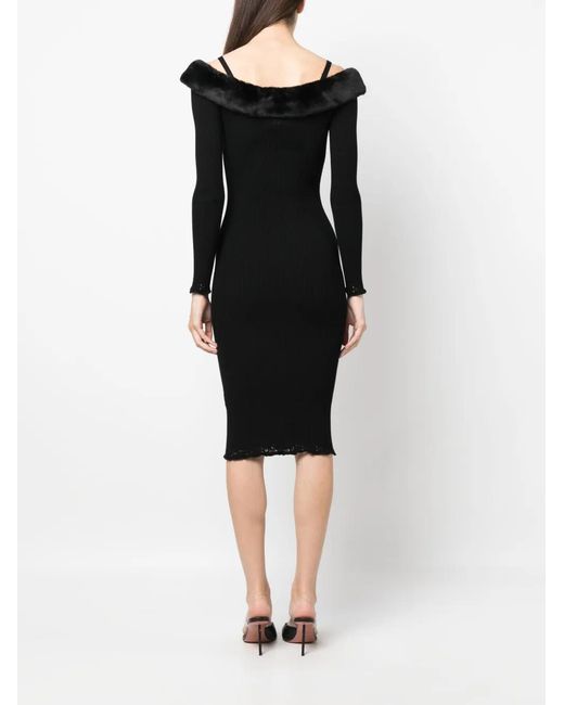 Blumarine Black Faux Fur Neck Midi Dress