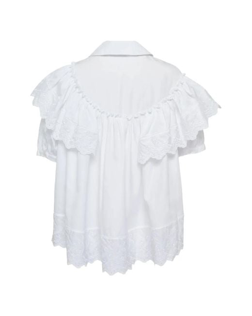 Simone Rocha White Cropped Puff-Sleeves Ruffle Blouse