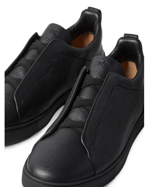 Zegna Black Leather Triple Stitch Sneakers for men