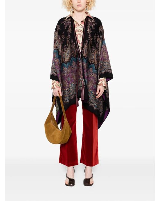 Etro Black Paisley-Print Tasselled Poncho