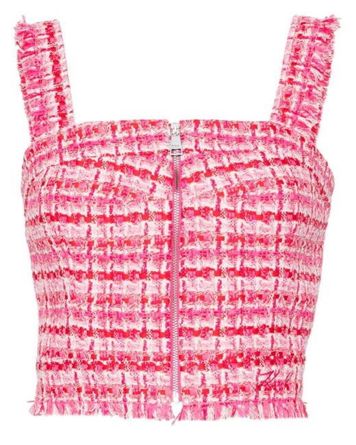 Karl Lagerfeld Pink Zip-up Bouclé Cropped Top
