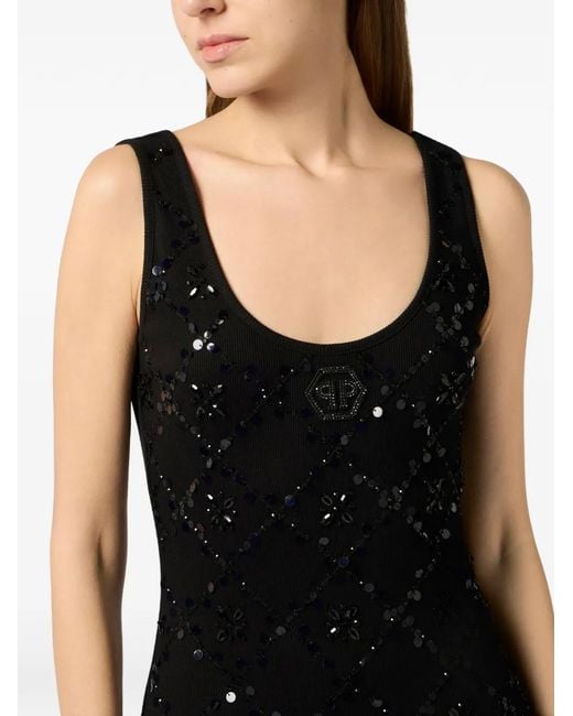 Philipp Plein Black Rhomb Flower Strass Long Dress