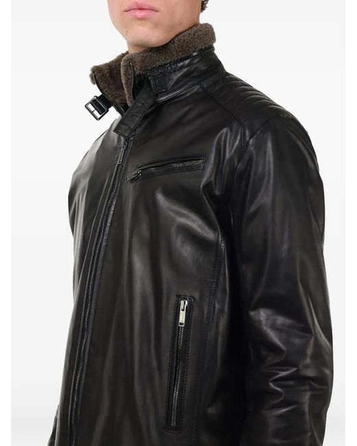Al Duca D'aosta Black Quilted-Shoulder Leather Jacket for men