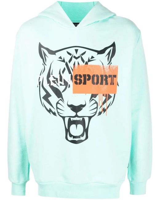 Philipp Plein Blue Tiger-Motif Long-Sleeved Hoodie for men