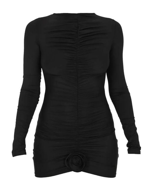 LaRevêche Black Lillibet Long-Sleeve Rose-Embellished Mini Dress