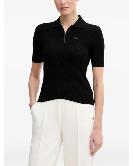 Lacoste Black Ribbed-Knit Zip-Up Polo Top