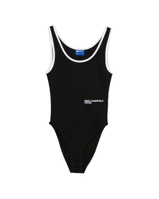 Karl Lagerfeld Black Ribbed-Knit Logo-Print Bodysuit