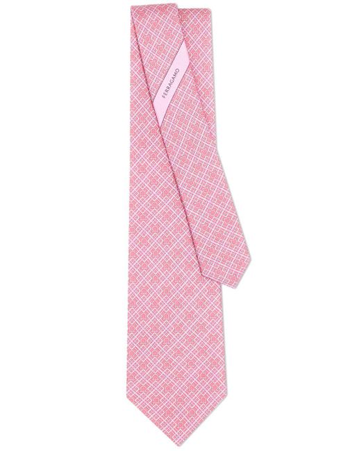 Ferragamo Pink Gancini-print Checked Silk Tie for men