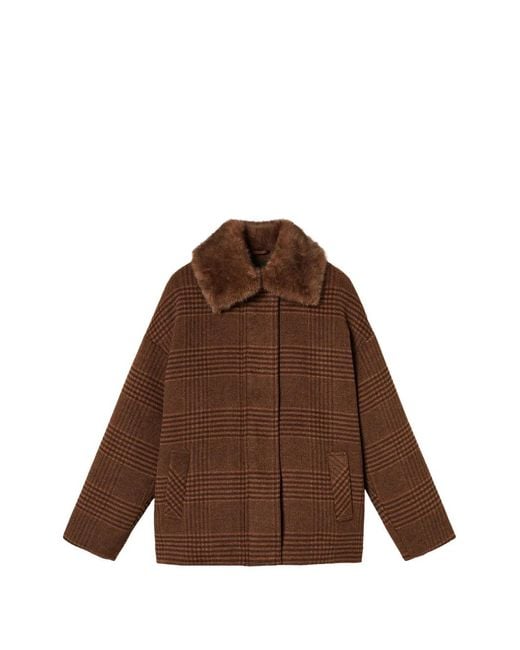 Twinset Brown Wool Cloth Check Caban Coat With Faux Fur