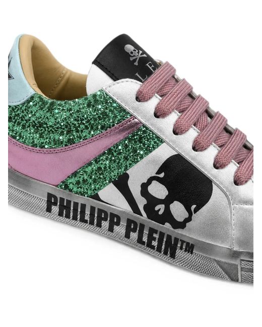 Philipp Plein White Nappa-Leather Lo-Top Sneakers Glitter Skull