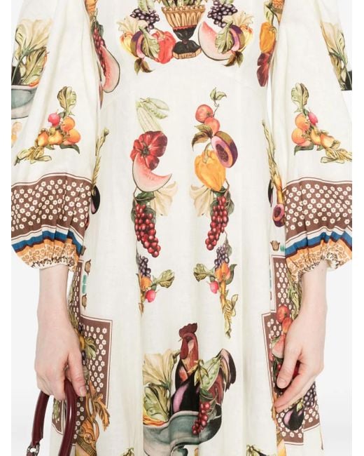 ALÉMAIS White Mercado Fruit-Print Puff-Sleeve Midi Dress