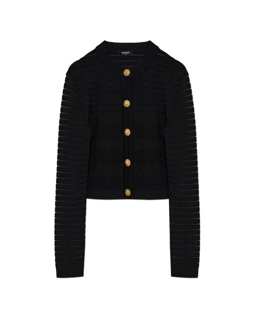 Balmain Black Sheer-Stripe Fitted Cardigan