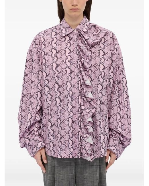 MSGM Purple Ruffled Snake Print Shirt
