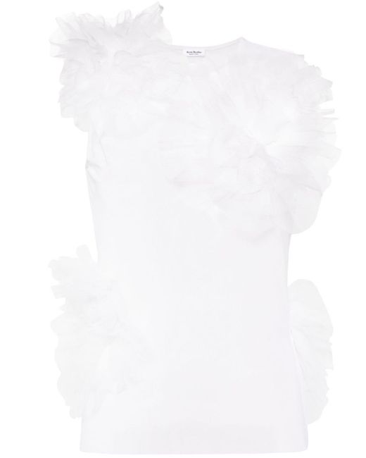 Acne White Floral-appliqué Mesh Top