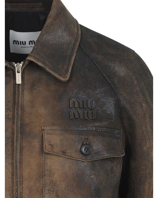 Miu Miu Brown Pocket Logo Leather Jacket