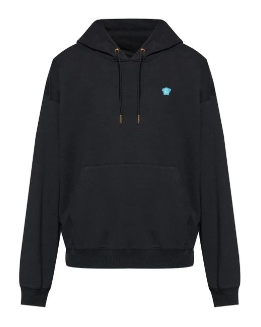 Versace Blue Embroidered-Logo Cotton Hoodie for men