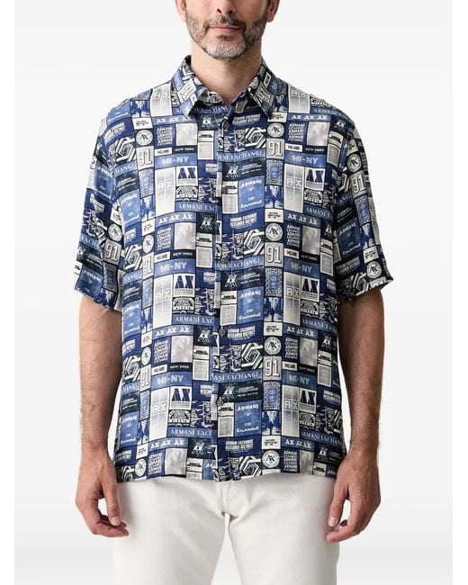 ARMANI EXCHANGE Blue Logo-Print Short-Sleeve Shirt for men