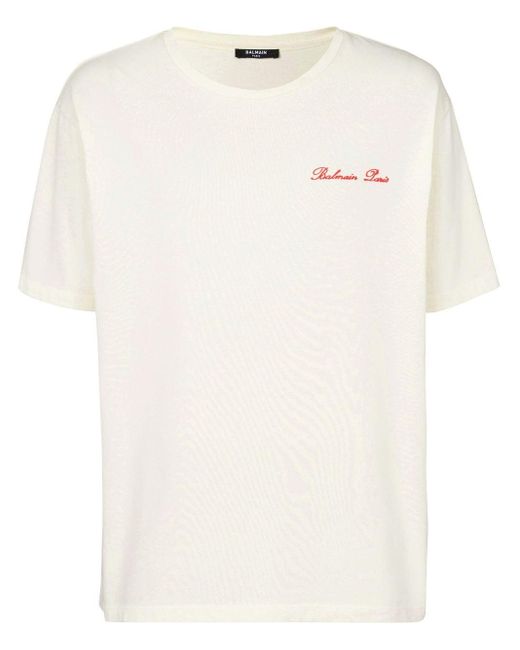 Balmain White Logo-Embroidered Cotton T-Shirt for men