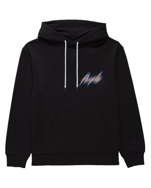 Purple Brand Black Logo-Print Cotton Hoodie